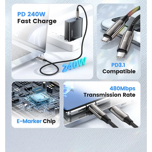 Thunderbolt 3, USB4 USB-C kábel 5A, 240W, 480Mbps fonott, 1m fekete